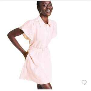 NEW Alexis Pink White Striped Tulip Sleeve Shirtdress Waist Tie Mini Dress P2955